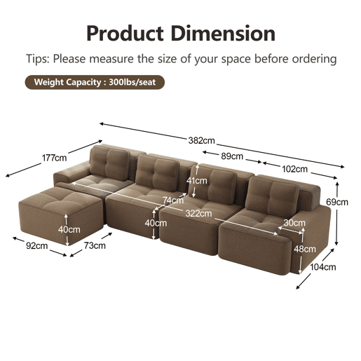 Sofá modular de 4 lugares - Boneless, chaise longue L, assento profundo, antiderrapante - Castanho