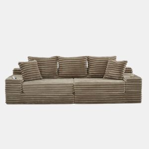 Sofá de 4 lugares - encosto alto, almofadas adicionais, bolsos e porta-copos laterais, convertível em cama, estofamento macio - Cáqui