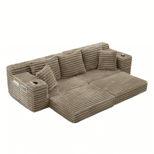 Sofá de 4 lugares - encosto alto, almofadas adicionais, bolsos e porta-copos laterais, convertível em cama, estofamento macio - Cáqui