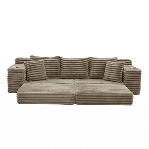Sofá de 4 lugares - encosto alto, almofadas adicionais, bolsos e porta-copos laterais, convertível em cama, estofamento macio - Cáqui