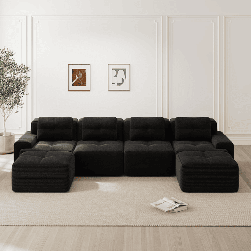 Sofá modular de 4 lugares - chaise longue em U cloud de veludo cotelê - preto