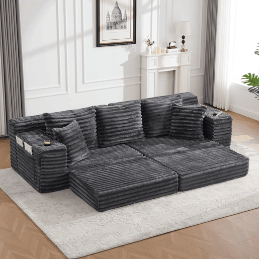 Sofá de 4 lugares - estofado em veludo cotelê, encosto alto, almofadas extra, bolsos laterais e porta-copos, convertível em cama - Cinza escuro