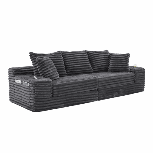 Sofá de 4 lugares - estofado em veludo cotelê, encosto alto, almofadas extra, bolsos laterais e porta-copos, convertível em cama - Cinza escuro