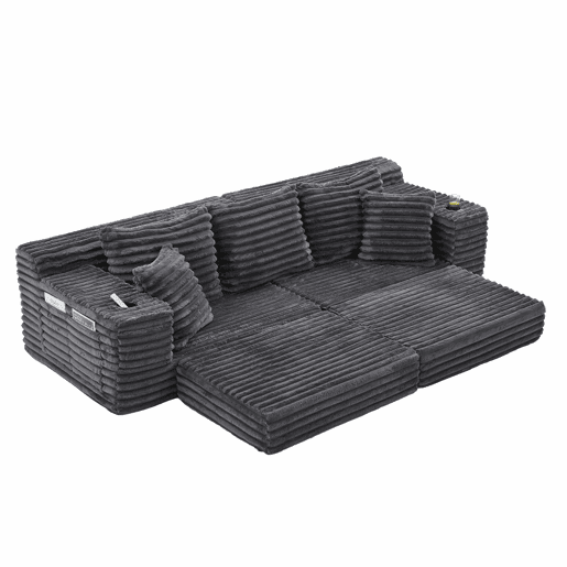 Sofá de 4 lugares - estofado em veludo cotelê, encosto alto, almofadas extra, bolsos laterais e porta-copos, convertível em cama - Cinza escuro