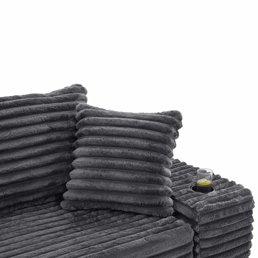 Sofá de 4 lugares - estofado em veludo cotelê, encosto alto, almofadas extra, bolsos laterais e porta-copos, convertível em cama - Cinza escuro