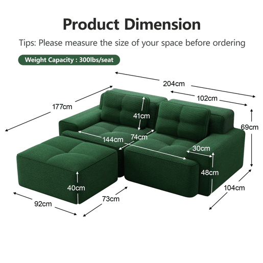 Sofá modular Boneless de 2 lugares - em forma de L, assento profundo, confortável, com otomano - Verde
