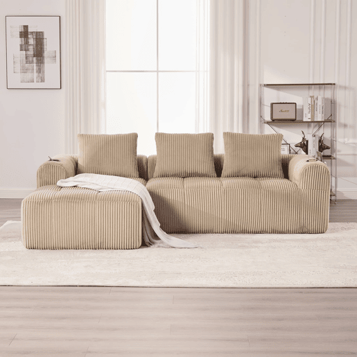 Sofá compacto de 4 lugares - Modular, com bolso lateral e porta-copos - Cáqui Sofá compacto de 4 lugares - Modular, com bolso lateral e porta-copos - Cáqui