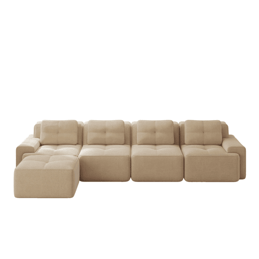 Sofá modular de 4 lugares - Chaise longue longa, assento profundo, confortável, antiderrapante - Bege
