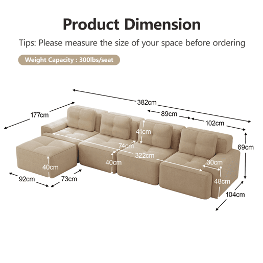 Sofá modular de 4 lugares - Chaise longue longa, assento profundo, confortável, antiderrapante - Bege