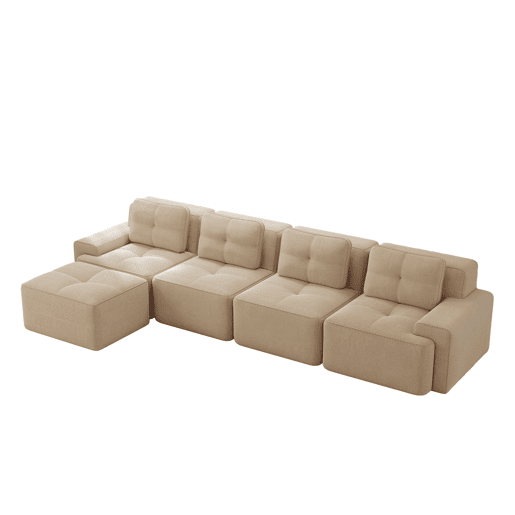 Sofá modular de 4 lugares - Chaise longue longa, assento profundo, confortável, antiderrapante - Bege