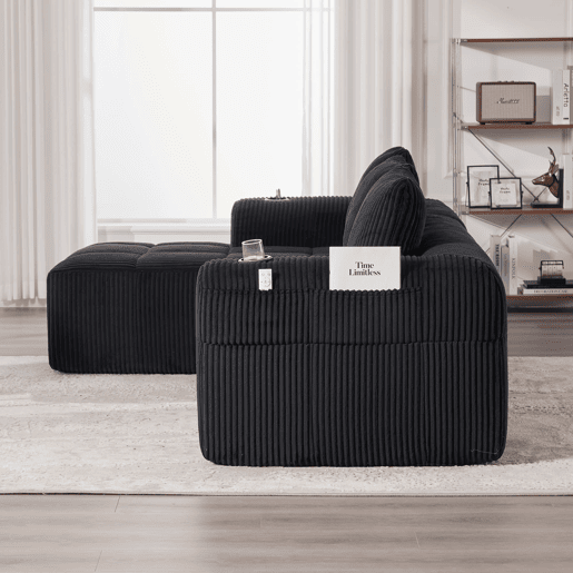 Sofá compacto de 4 lugares - Modular, com bolso lateral e suporte para bebidas - Preto