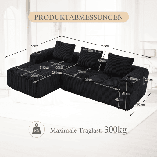 Sofá compacto de 4 lugares - Modular, com bolso lateral e suporte para bebidas - Preto