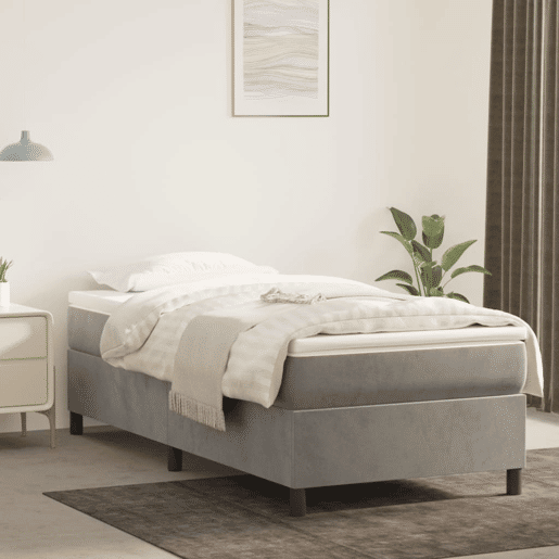 Estrutura de cama de solteiro para adultos com molas 90x200 cm veludo cinzento-claro