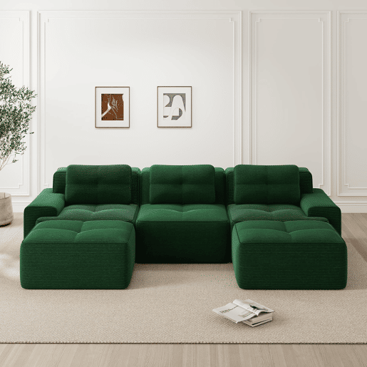 Sofá modular de 3 lugares - Cloud, com otomano, estofado em veludo cotelê, fácil montagem - Verde