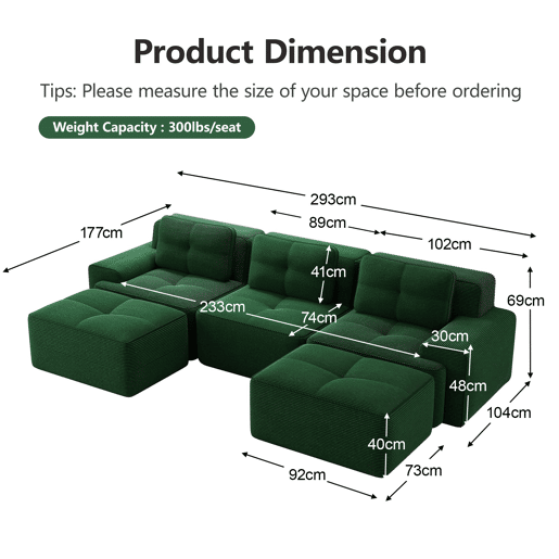 Sofá modular de 3 lugares - Cloud, com otomano, estofado em veludo cotelê, fácil montagem - Verde