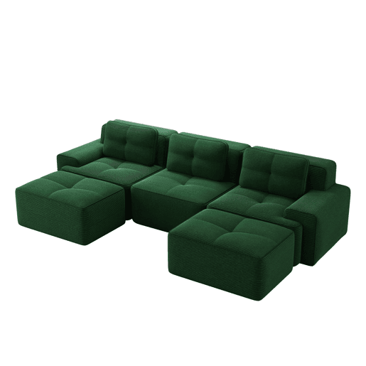 Sofá modular de 3 lugares - Cloud, com otomano, estofado em veludo cotelê, fácil montagem - Verde