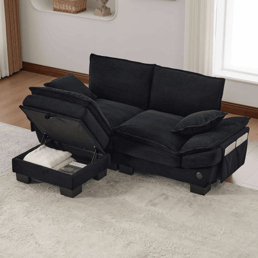 Sofá modular de 2 lugares com apoio para os pés u2013 assento amplo, design ergonómico, espuma de alta densidade, porta USB-C e bolsos laterais u2013 preto