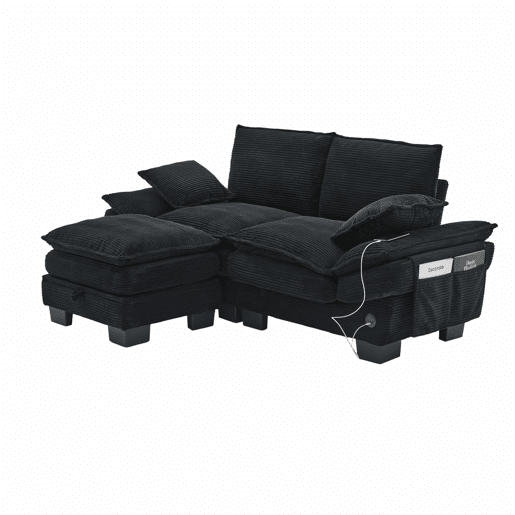 Sofá modular de 2 lugares com apoio para os pés u2013 assento amplo, design ergonómico, espuma de alta densidade, porta USB-C e bolsos laterais u2013 preto