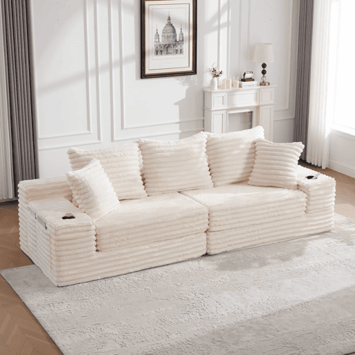 Sofá de 4 lugares - encosto alto, almofadas adicionais, bolsos laterais e porta-copos, convertível em cama, estofamento macio - Bege