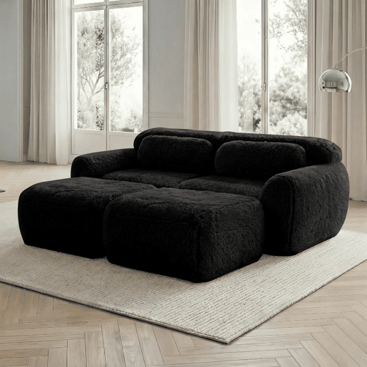 Sofá modular de 2 lugares - Tecido felpudo macio, chaise longue, sem montagem - Preto
