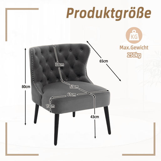 Poltrona individual - sem braços com botões e tachas, design moderno - Cinza Poltrona individual - sem braços com botões e tachas, design moderno - Cinza