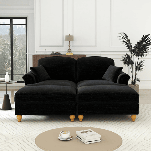Sofá modular de 2 lugares - Chenille, braços cónicos, saia removível, pernas torneadas, pufe - Preto