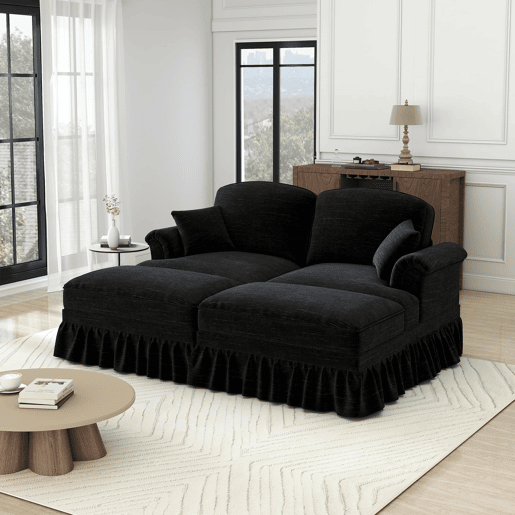 Sofá modular de 2 lugares - Chenille, braços cónicos, saia removível, pernas torneadas, pufe - Preto