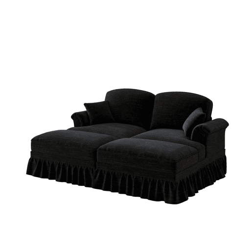 Sofá modular de 2 lugares - Chenille, braços cónicos, saia removível, pernas torneadas, pufe - Preto