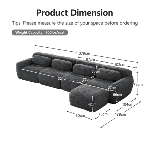 Sofá modular em L para 4 pessoas - sem montagem, chaise longue - cinzento