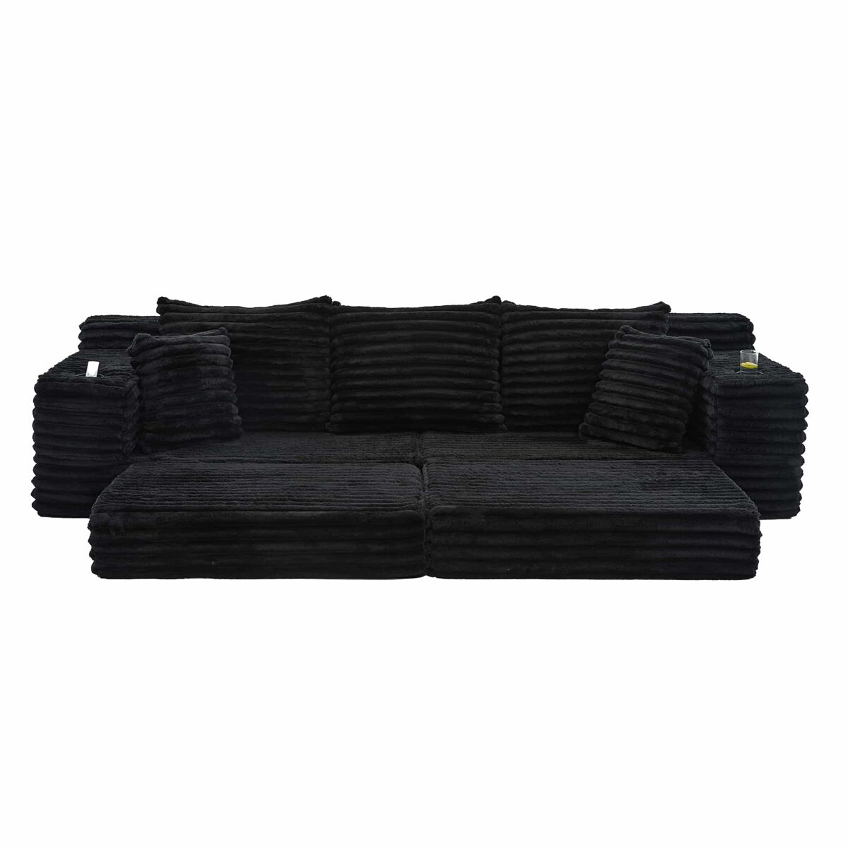 Sofá de tela acanalada 4 plazas - respaldo alto, cojines adicionales, bolsillos laterales y portavasos, convertible en sofá cama, acolchado suave -