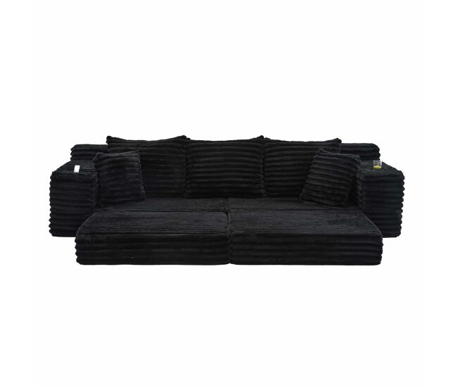 Sofá de tela acanalada 4 plazas - respaldo alto, cojines adicionales, bolsillos laterales y portavasos, convertible en sofá cama, acolchado suave -