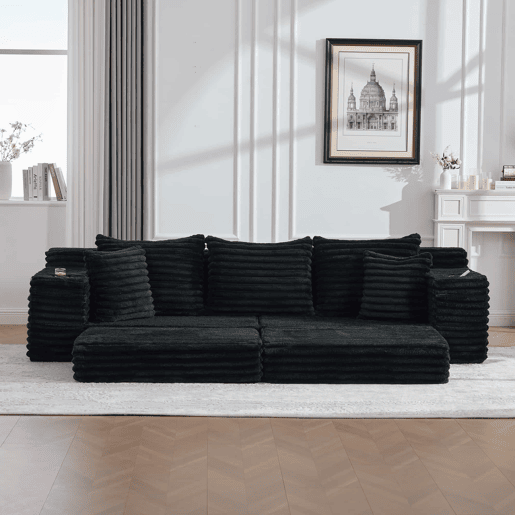 Sofá de tecido canelado de 4 lugares - encosto alto, almofadas adicionais, bolsos laterais e porta-copos, convertível em sofá-cama, estofamento macio - Preto