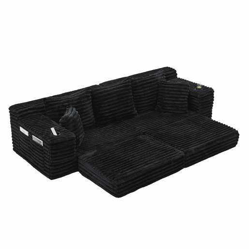 Sofá de tecido canelado de 4 lugares - encosto alto, almofadas adicionais, bolsos laterais e porta-copos, convertível em sofá-cama, estofamento macio - Preto