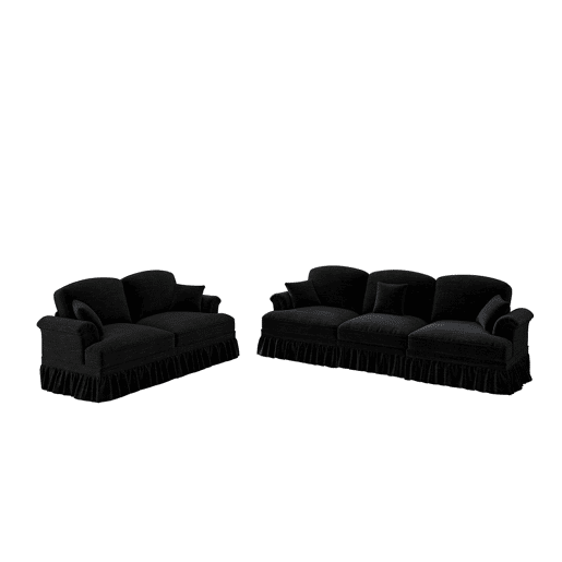 Sofá modular de 2 peças - 5 lugares, chenille, braços cónicos, saia removível, pernas torneadas - Preto