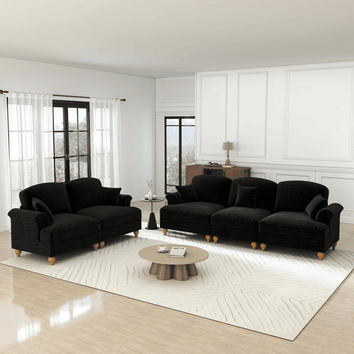 Sofá modular de 2 peças - 5 lugares, chenille, braços cónicos, saia removível, pernas torneadas - Preto