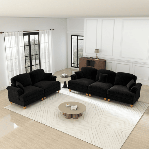 Sofá modular de 2 peças - 5 lugares, chenille, braços cónicos, saia removível, pernas torneadas - Preto