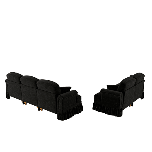 Sofá modular de 2 peças - 5 lugares, chenille, braços cónicos, saia removível, pernas torneadas - Preto