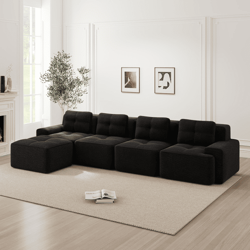 Sofá modular de 4 lugares em L - chaise longue profunda sem montagem - preto