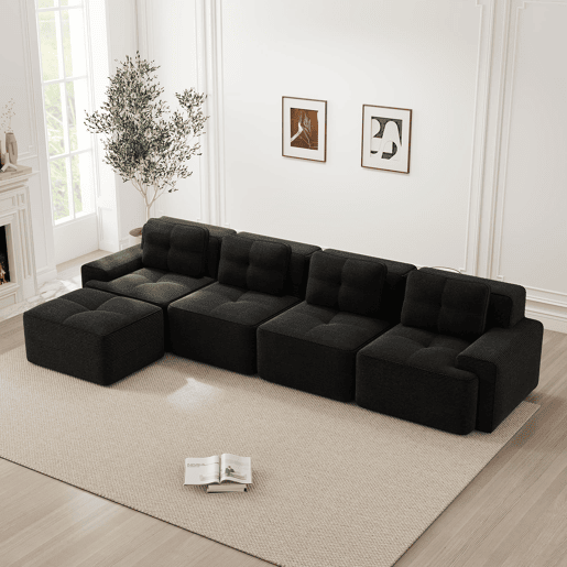 Sofá modular de 4 lugares em L - chaise longue profunda sem montagem - preto