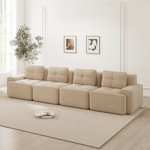 Sofá modular de 4 lugares - Estofado confortável, assento profundo, sem montagem, antiderrapante - Bege