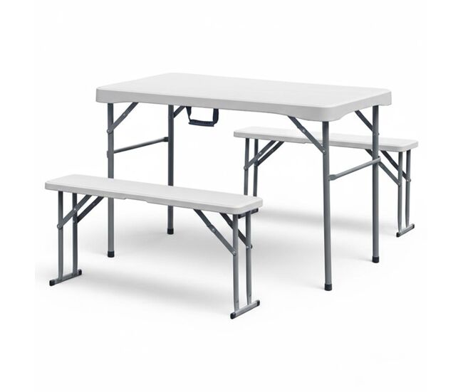 Set de picnic con mesa plegable y 2 bancos, 113x62x71cm, blanco, plástico, rectangular, plegable, moderno