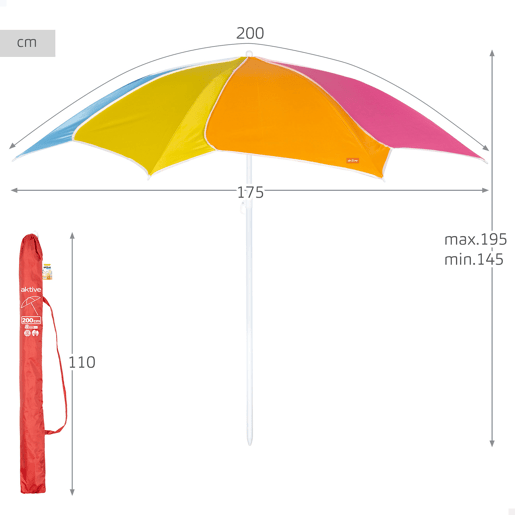 Aktive Beach Guarda-sol de praia D200 multicolorido e inclinável com proteção UV50 Aktive Beach Guarda-sol de praia D200 multicolorido e inclinável com proteção UV50
