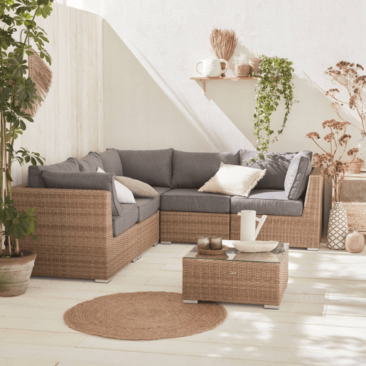Conjunto de mobiliário de jardim com sofá em resina tecida, 5 lugares Madeira - 125x80x67.5 cm