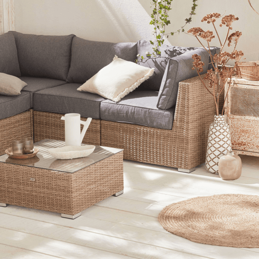Conjunto de mobiliário de jardim com sofá em resina tecida, 5 lugares Madeira - 125x80x67.5 cm