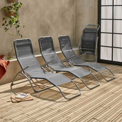 Espreguiçadeira dobrável em textilene com 2 posições, set de 4 Antracite - 57x168x93 cm