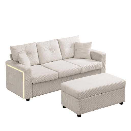 Sofá modular de 3 lugares - com LED e assento tipo nuvem, chaise longue removível - Bege