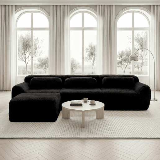 Sofá modular L 3 lugares - Plush macio, sem estrutura, sem montagem, com almofadas - Preto