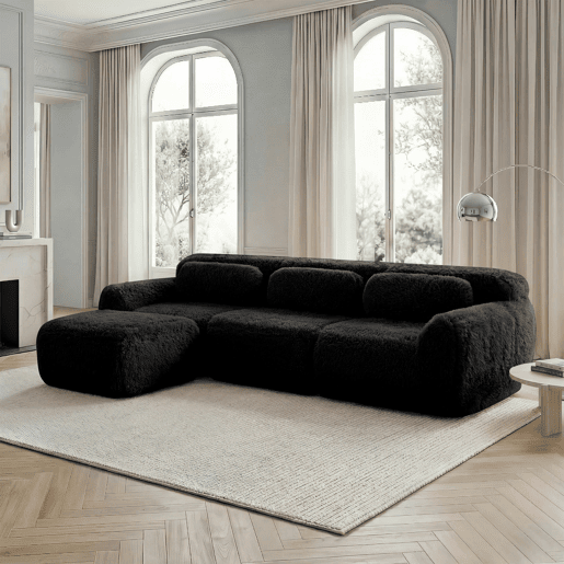 Sofá modular L 3 lugares - Plush macio, sem estrutura, sem montagem, com almofadas - Preto