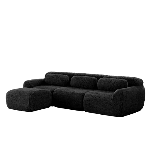 Sofá modular L 3 lugares - Plush macio, sem estrutura, sem montagem, com almofadas - Preto