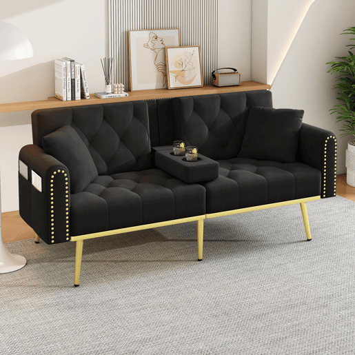 Sofá-cama de 2 lugares - Função reclinável, 3 posições, com porta-copos - Preto Sofá-cama de 2 lugares - Função reclinável, 3 posições, com porta-copos - Preto